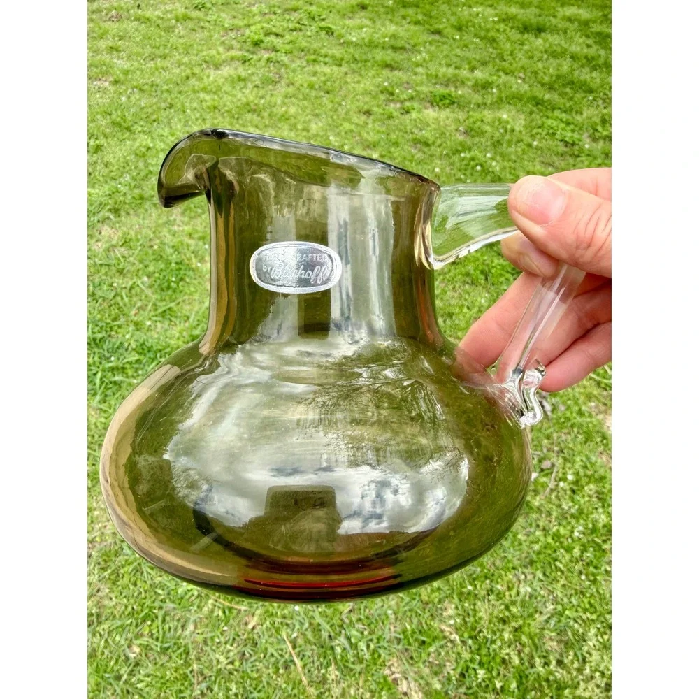Bischoff Hand Crafted Glass Pitcher Olive Green‎ Smoke / Avocado MCM 6in